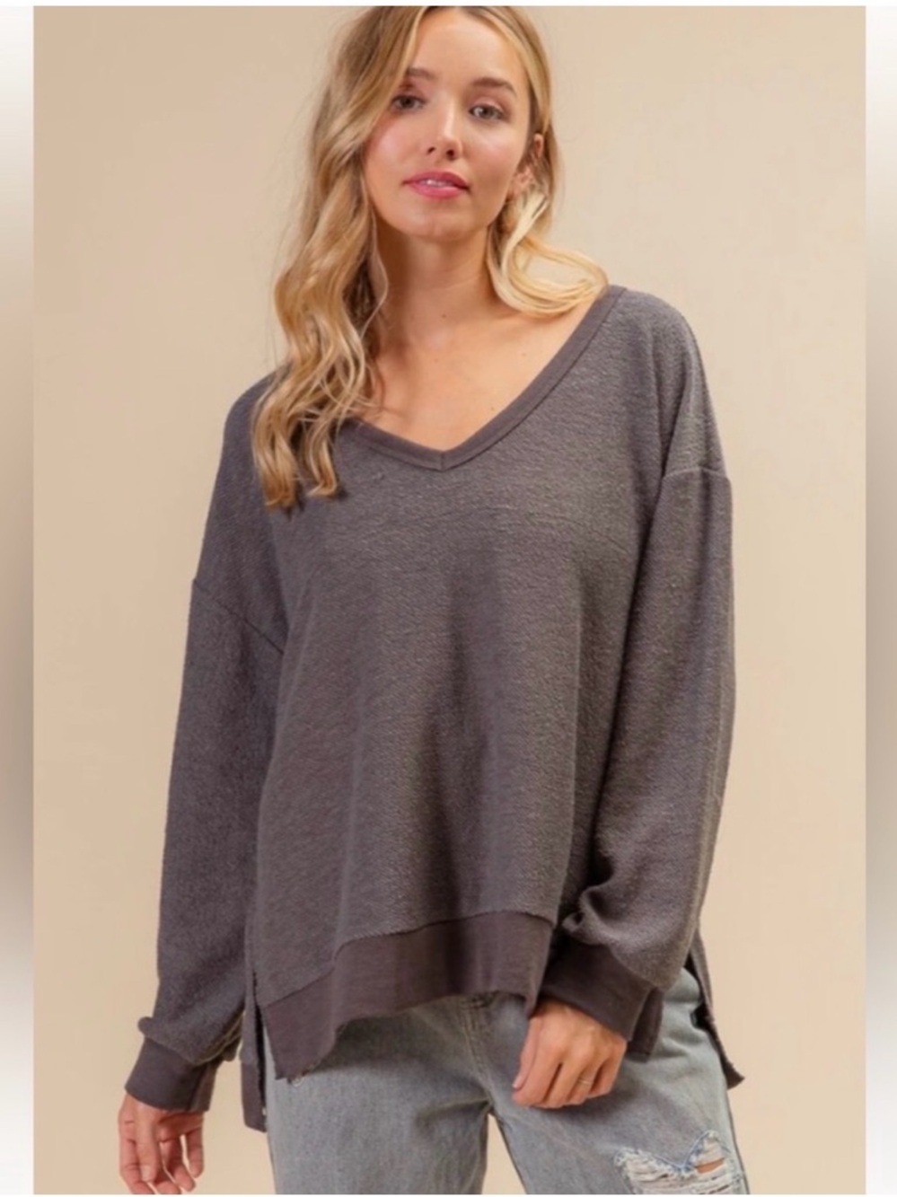 BIBI REVERSED FRENCH TERRY V-NECK SWEATER!